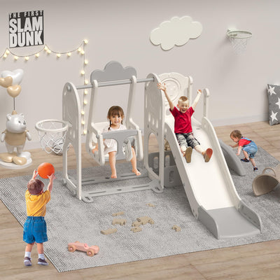 5-in-1 Toddler Indoor Playground for Kids 1-4, Baby Slide with Climbing, Strong Swing, Sturdy Playset for Indoor & Outdoor Play, for Toddlers, Easy Assembly (Grey+White)