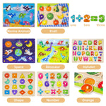 GRINNNIE Toddler Puzzle for 2 3 4 Years Old, 7PCS Montessori Kids Wooden Peg Puzzle Set (Dino Animal Shape Number Fruit..), Preschool Learning Puzzles Toy Gift for Boys Girls Birthday