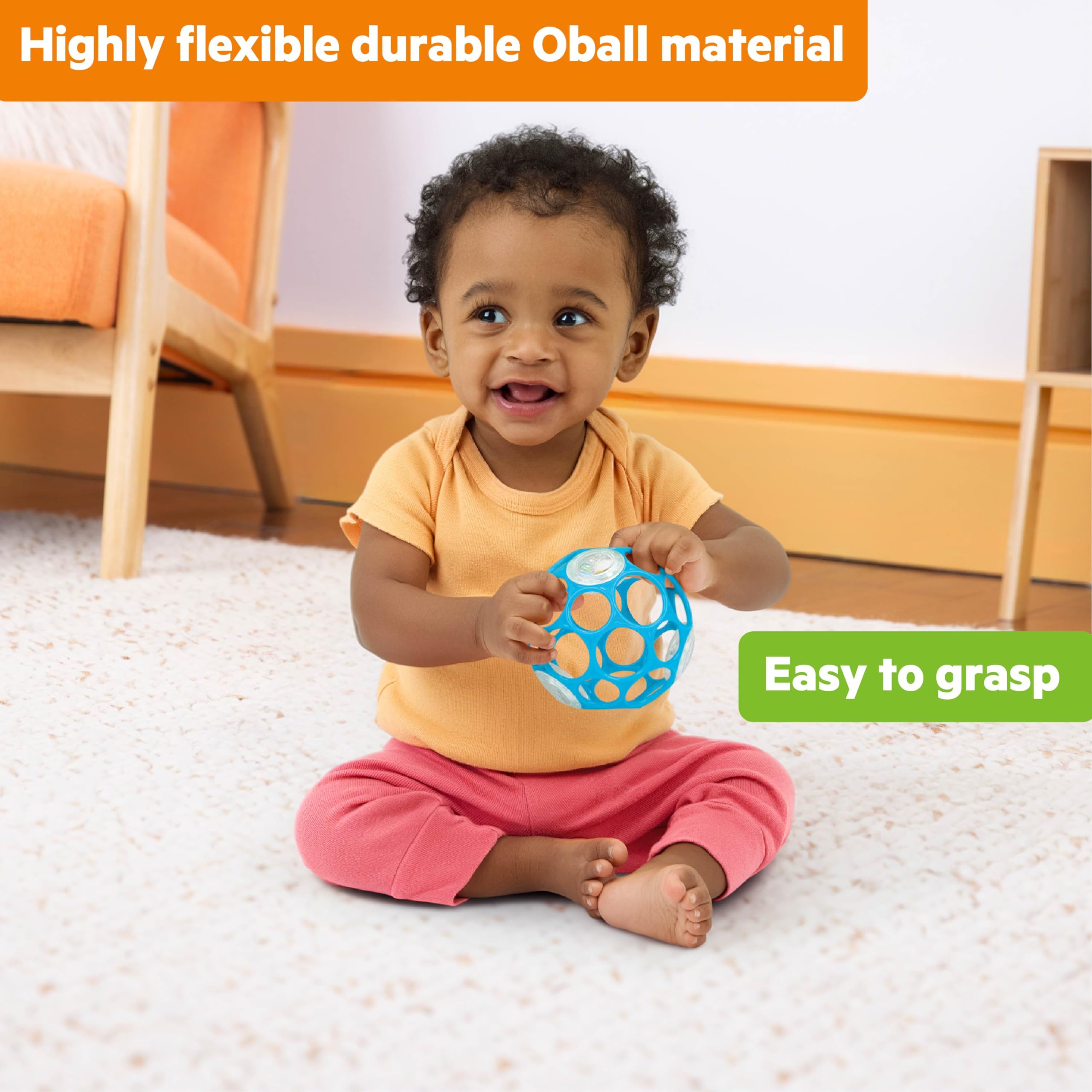 Bright Starts Oball Easy-Grasp Rattle BPA-Free Infant Toy in Blue, Age Newborn and up, 4 Inches