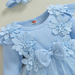ZAXARRA Infant Baby Girl Romper Dress Baby Dress Romper Flowers Lace Fall Winter Clothes with Headband (Blue, 3-6 Months)