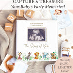 Baby Book Keepsake - Timeless Baby Memory Book for Boy or Girl I First 5 Year I Faux Leather, Gender Neutral, Safari Theme w/Gold Foil Stamp - Baby First Year Book Journal Scrapbook Photo Album Shower