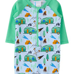 RUGGEDBUTTS Baby/Toddler Boy Swimsuit, One Piece Zipper Rash Guard Sunsuit with UPF 50+ Sun Protection - Blue Campfire Crew, 3-6m