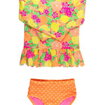 RuffleButts Baby/Toddler Girls Scalloped Long Sleeve Rash Guard 2-Piece UPF50+ Sun Protected Swimsuit - Neon Squeeze The Day, 2T