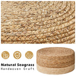 Cpintltr Foot Stool Natural Seagrass Hand Weave Poufs Round Ottoman for Couch Desk Soft Step Stool Padded Foot Rest with Non-Skid Pine Legs for Hallway Office Lounge Natural/White