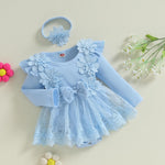 ZAXARRA Infant Baby Girl Romper Dress Baby Dress Romper Flowers Lace Fall Winter Clothes with Headband (Blue, 3-6 Months)