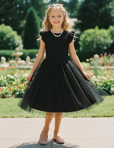 PATPAT Toddler Girls Tulle Dress Tutu Birthday Princess Dresses Formal Photo Shoot Outfit Summer Clothes 5-6 Years Black