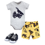 Hudson Baby Unisex Baby Cotton Bodysuit, Shorts and Shoe Set, Construction Trucks, 3-6 Months