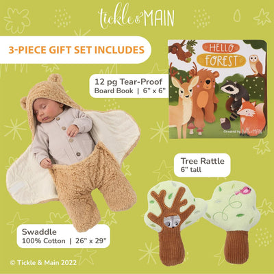 Tickle & Main 3 Pieces Forest Animal Registry Gift Sets for 0-12 Months Baby, Newborn Bear Swaddle Blanket Set, 16-Page Storybook with Cute Plush Cotton Tree Rattle Toy