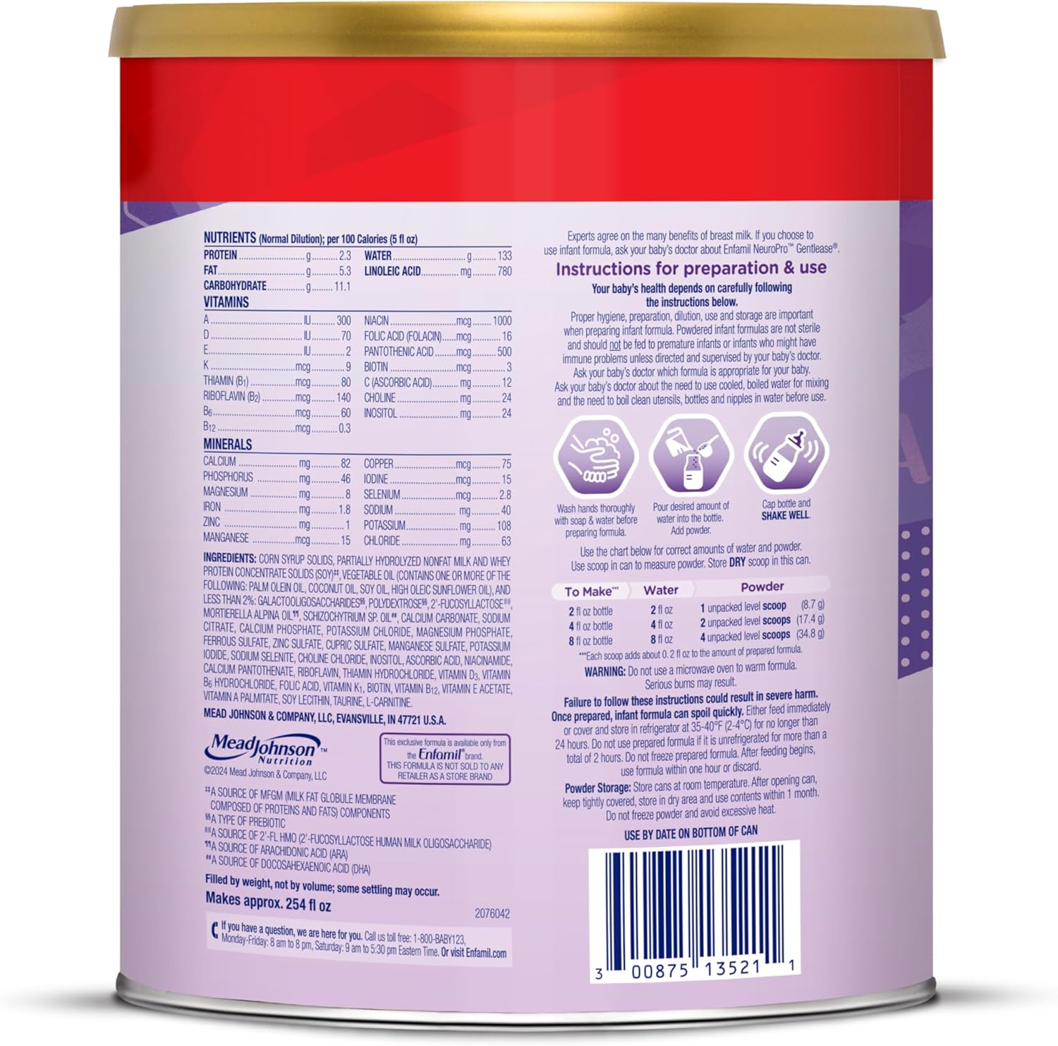 Enfamil NeuroPro Gentlease Baby Formula, Brain Building DHA, HuMO6 Immune Blend, Designed to Reduce Fussiness, Crying, Gas & Spit-up in 24 Hrs, Prebiotics to Promote Softer Stools, Baby Milk, 27.4 Oz