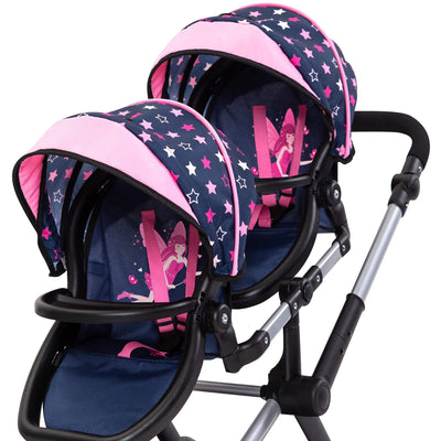 Bayer Design Dolls: Xeo Twin Pram: Stars Navy & Pink - Matching Handbag, Adjustable Handle, Dolls Up to 20", Ages 3+
