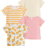 Aura Vane Toddler Tshirt 2T 4-Pack Beige Pink Baby Tees Toddler Girl Shirts 3T Yellow Flower Print Striped T-Shirt Casual Pullover Sweatshirt
