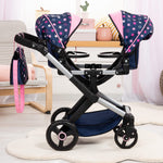 Bayer Design Dolls: Xeo Twin Pram: Stars Navy & Pink - Matching Handbag, Adjustable Handle, Dolls Up to 20", Ages 3+