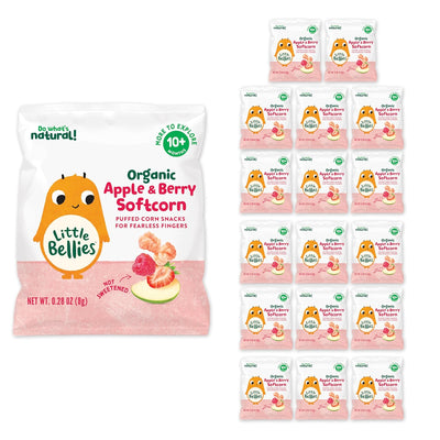 Packaging of Little Bellies Organic Apple & Berry Softcorn puffed corn snacks with a large bag and multiple small packages.
