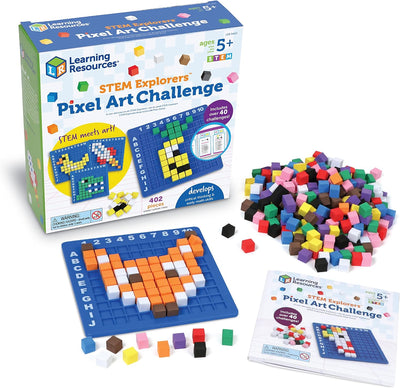 Learning Resources STEM Explorers Pixel Art Challenge set with packaging, pieces, and a mat.