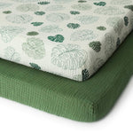 Blissful Diary Muslin Crib Sheets for Girl Boy, Boho Neutral Soft Cotton Baby Sheet for 52''x28'' Standard Crib Mattress, 2 Pack(Monstera&Dark Green)
