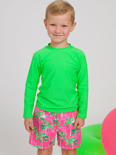 RUGGEDBUTTS Boys UPF50+ Sun Protection Fruits & Florals Swim Trunks - Neon Palm Paradise, 2T