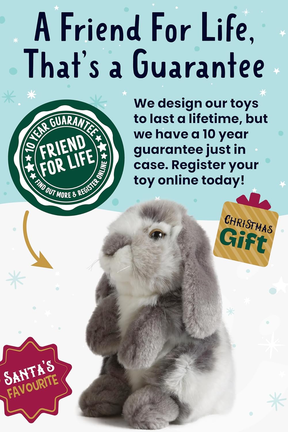 Living Nature Grey Sitting Lop Eared Rabbit Stuffed Animal | Fluffy Rabbit Animal | Soft Toy for Kids | 7 inches