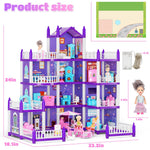 4 Stories Dollhouse for Girls, DIY Doll House Accessories Playhouse with Furniture and 11 Rooms, Pretend Play House with Lights for Kids, Portable Building Dolls Playset Toys Kit Gift for Ages 6+