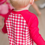 RUGGEDBUTTS Baby/Toddler Boy Swimsuit, One Piece Zipper Rash Guard Sunsuit with UPF 50+ Sun Protection - Vintage Red Gingham, 0-3m