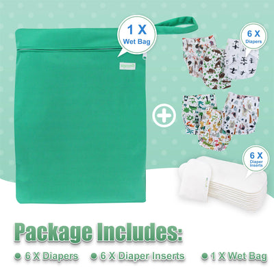 wegreeco Cloth Diapers 6 Pack with 6 Inserts & 1 Wet Bag, Washable Cloth Diapers for Babies, One Size Adjustable Reusable (Forest, Animals)