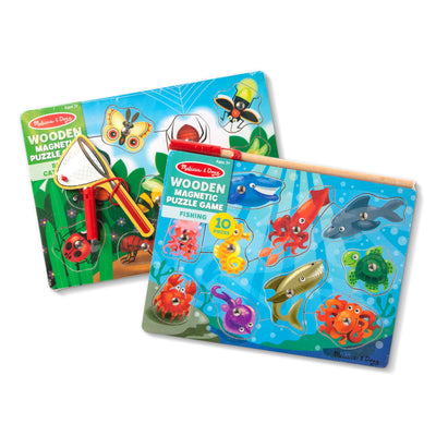 Two wooden magnetic puzzle games by Melissa & Doug on a white background