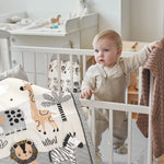 4 Piece Woodland Forest Animals Crib Bedding Set, Including Jungle Safari Crib Skirt, Blanket, Nursery Bed Sheet and Diaper Stacker, Soft Neutral Nursery Standard Size Baby Bedding for Baby Girls Boys