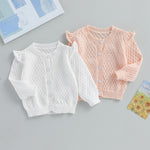 Newborn Baby Girls Knit Cardigans Long Sleeve Crewneck Hollow Knit Thin Sweater Toddler Button Tops Coat Outwear (Pink-Ruffle, 6-12 Months)