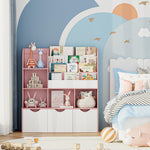 Fotosok 47'' Multifunctional Kids Bookcase with 5 Cubbies and 3 Movable Drawers, Display Stand, Toy Storage for Bedroom, Playroom, Hallway, Pink