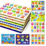 GRINNNIE Toddler Puzzle for 2 3 4 Years Old, 7PCS Montessori Kids Wooden Peg Puzzle Set (Dino Animal Shape Number Fruit..), Preschool Learning Puzzles Toy Gift for Boys Girls Birthday