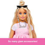 Barbie Deluxe Style Doll #3 in Barbiecore Outfit, Blond Hair in Top Knot, Pink Pastel Dress with Oversized Bow and Accessories Like Mesh Tights
