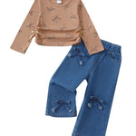 Baby Girl Outfit 18 24 Months Girl Clothes Khaki Long Sleeve Shirts Tops Wide Leg Jeans Pants Toddler Casual Clothes Fall Winter Clothing Set