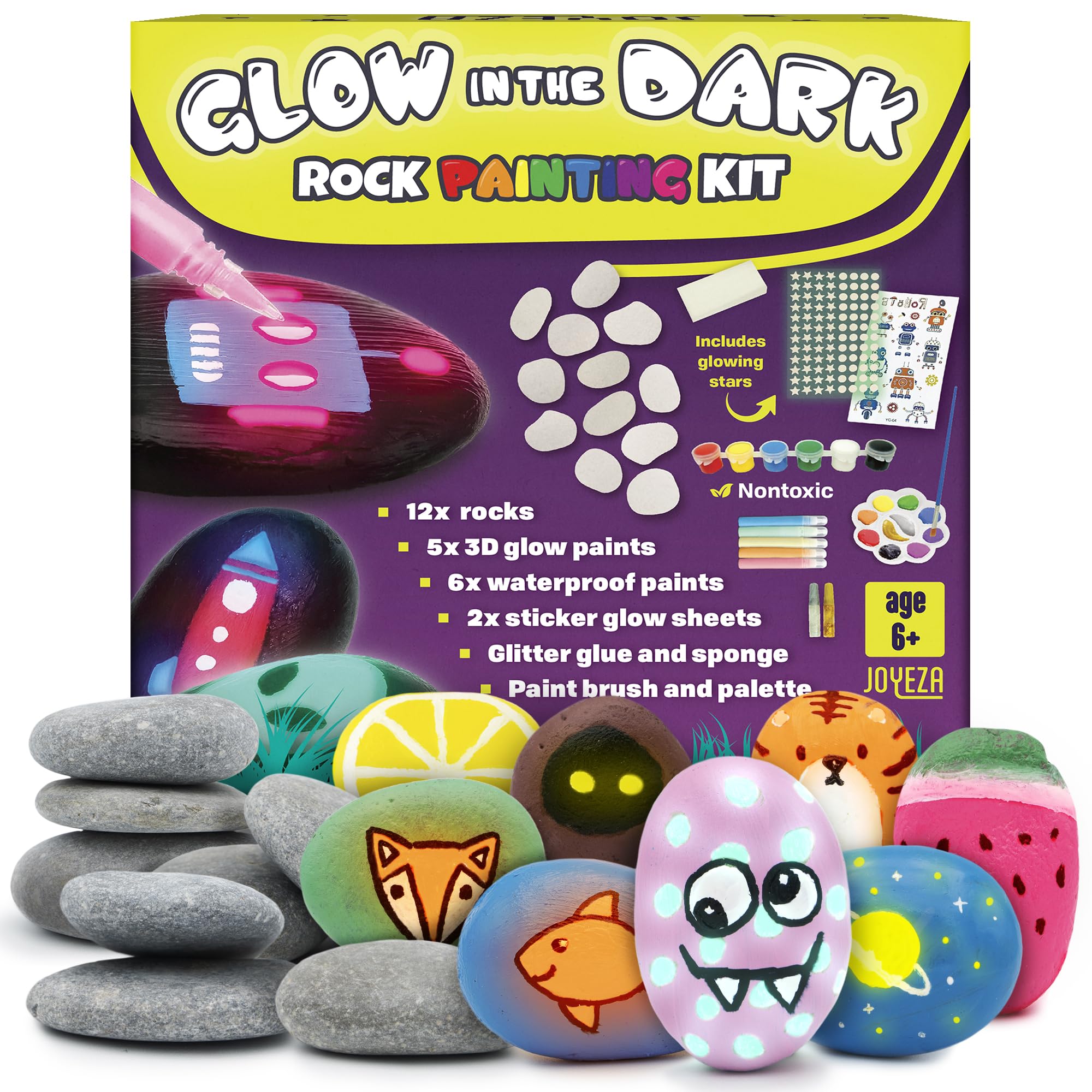 JOYEZA Rock Painting Kit Deluxe, Arts and Crafts for Girls Boys Age 6+, 12 Rocks Tween Gift Art Set, Waterproof Paints, Craft Kits Art Supplies, Kids Crafts Ages 6-8, Kids Activities 6 7 8 9 10