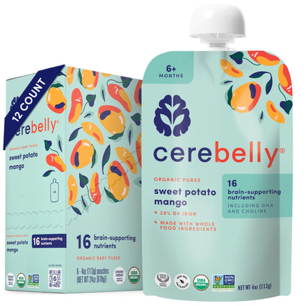 Cerebelly organic baby puree packaging with colorful design on a white background