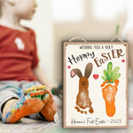 Baby's First Easter Footprint DIY Wooden Hanging Sign, Baby's 1st Easter Art Craft Gifts, My First Holiday Milestone Signs, Bunny Carrot Wishing You A Hoppy Easter Footprint Art Craft Keepsake - Brown