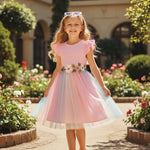PATPAT Girl's Tulle Dress Tutu Party Birthday Poster Formal Fancy Flower Princess Dresses Pink 5-6 Years