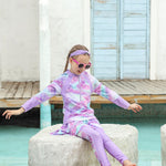 Girls Rash Guard Swimsuits Bathing Suit Long Sleeve Swimsuit Swimming Pants with Skirt Purple Mermaid 9-10 Years