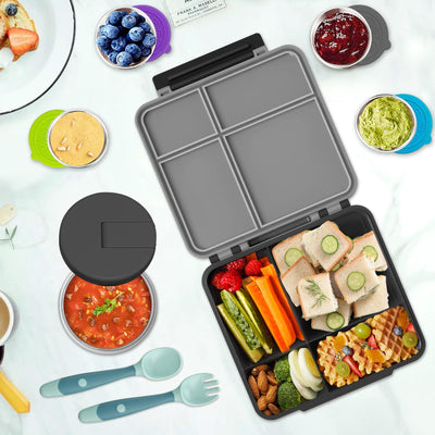 Aimsnk Kids Bento Lunch Box with 8oz Soup Thermo, Kids Leakproof Lunch Food Containers with 4 Compartment,Insulated Hot Food Jar with Lunch Bag for School, Travel (Black)