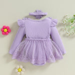 ZAXARRA Infant Baby Girl Romper Dress Baby Dress Romper Flowers Lace Fall Winter Clothes with Headband (Purple, 6-9 Months)