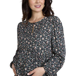 Motherhood Maternity Women’s Long Sleeve Empire Waist Keyhole Woven Pregnancy Blouse, Black Floral, Large
