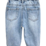 KIDSCOOL SPACE Infant Jeans,Baby Toddler Elastic Waist with D-Ring 4 Ripped Holes Denim Pants,Light Blue,9-12 Months