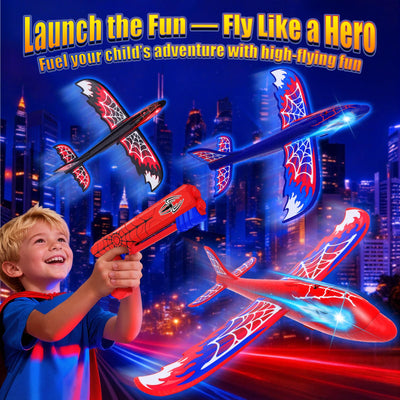 Cool Airplane Launcher Toy with Glowing Eyes & Web-Pattern Wings,2 Flight Modes Outdoor Games for Kids,Boys Toys Age 3-12,Birthday Gifts for 3 4 5 6 7 8 9 10 11 12 Year Old,Kids Gift(Red&Blue&Black)