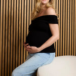 Motherhood Maternity Women’s Off-The-Shoulder Rib Knit Pregnancy Top, Black, Medium