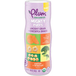 Plum Organics Mighty Puffs snack packaging on a white background