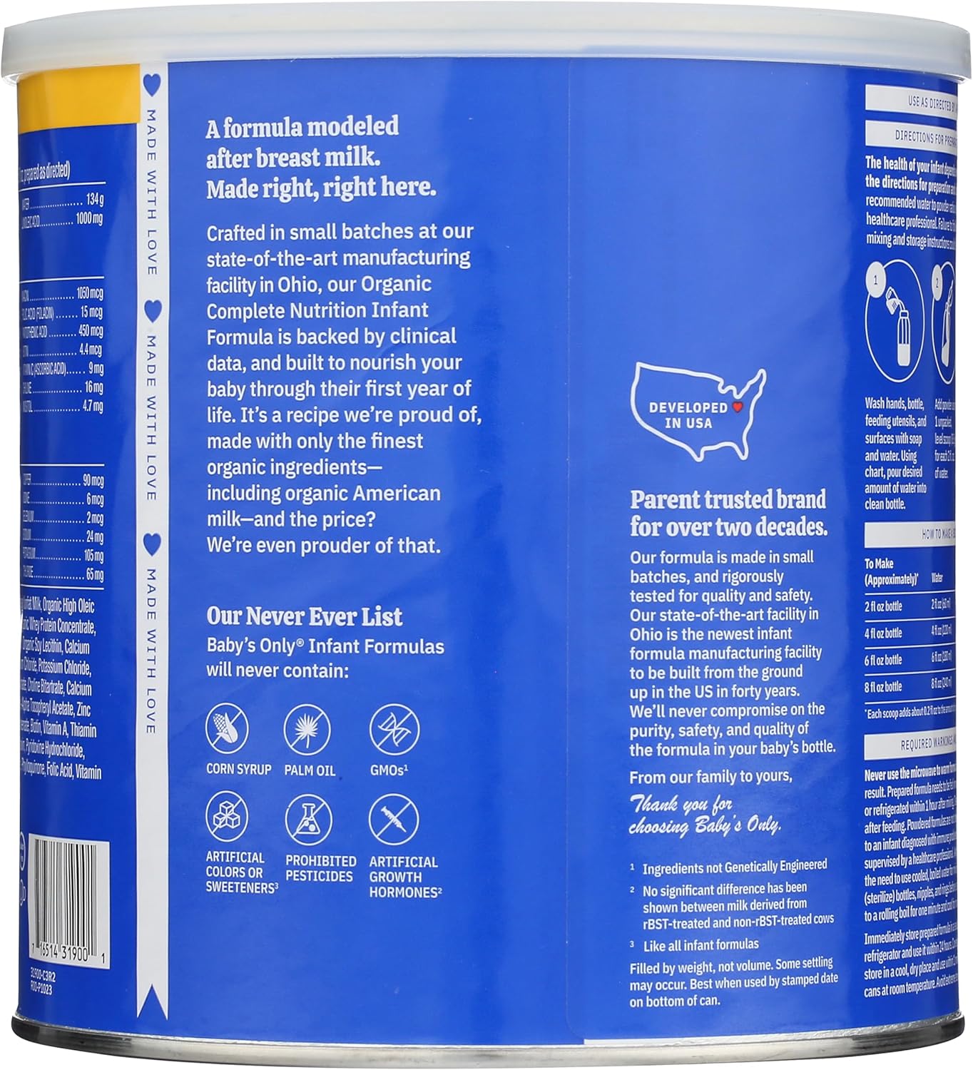 Baby's Only Organic Complete Nutrition Infant Formula, Milk Based Powder with Iron, Modeled After Breast Milk, Newborn to 12 Months Old, 21 oz, 1 Pack