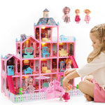 Randhar Doll House for Girls with Lights, 3 Dolls, 4 Floors -13 Rooms, 7 Sets of Furniture and Accessories, Design and Build Gift for 3 4 5 6 7 8+ Year Old Girls