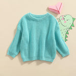 Pivanzore Baby Girl Boy Toddler Knit Sweater Cute Round Neck Long Sleeve Blouse Pullover Oversized Sweatshirt Warm Kids Tops Cyan