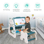 Costzon 3 in 1 Kids Art Easel, Double-Sided Magnetic Dry Erase Board and Kids Book Rack with Chair and Foldable Desktop, Adjustable Standing Easel with Two Storage Baskets, Pen Container (Green)