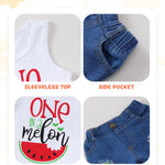 Mikrdoo Toddler Girl Summer Outfits Sleeveless Watermelon Tank Top + Denim Shorts Clothing Set (12-18 Months, White)