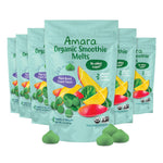 Amara Organic Smoothie Melts packaging with green and yellow elements on a white background
