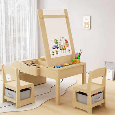 5-in-1 Kids Table and Chairs, Toddler Table and Chair Set with Drawers, Convertible Craft Play Desk with Art Easel & Paper Roll Holder, Children Activity Learning Center with Storage – Nature Wood